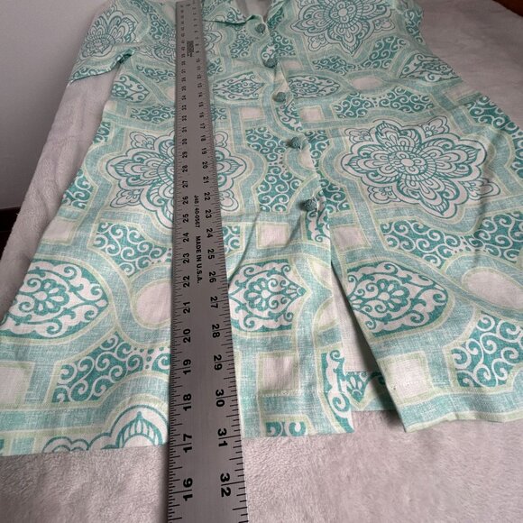 Connie Roberson Turquoise & White Floral Linen Button-Down Tunic Top Small - Picture 10 of 11